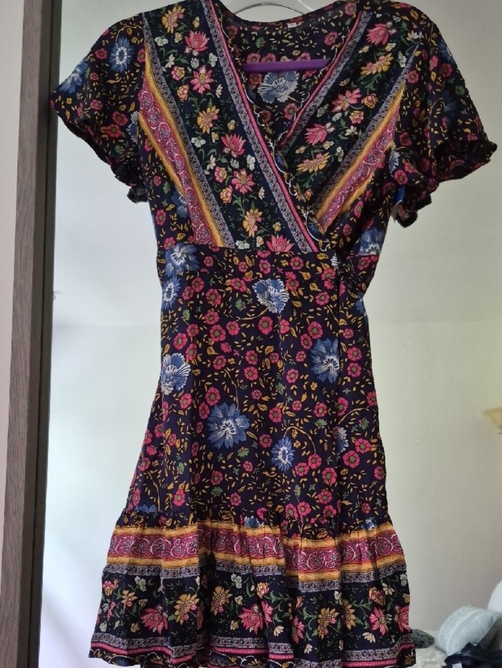 Floral Wrap-Style Short Dress in Black with Pink & Blue Accents S